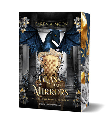 Das Cover zeigt einen gepolsterten, goldenen Thron zwischen zwei Säulen. Darüber sieht man einen mitternachtsblauen Drachen. Der Titel befindet sich im unteren Bereich des Covers. Blumen sind als Schmuck um den Thron und in den Ecken verteilt. Der Buchschnitt ist dunkelblau und mit Blumenschmuck verziert.